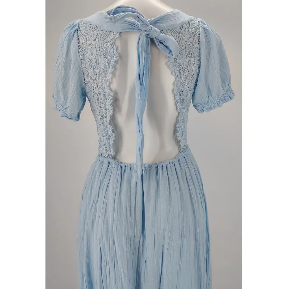 Free People All You Need Is Lace Midi Dress Blue Lace Cottagecore Size Small